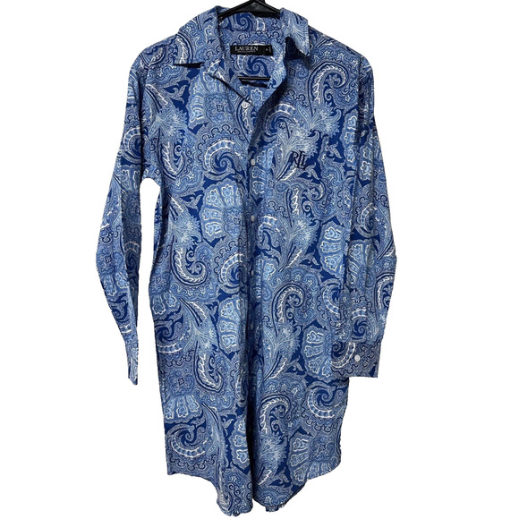 Lauren Ralph Lauren Dress BLUE Paisley Button Down Shirt Dress Oversized SMALL - Picture 2 of 12